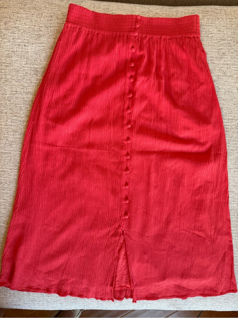 Madewell Blood Orange Smocked-Waist Button-Front Midi Skirt-Small